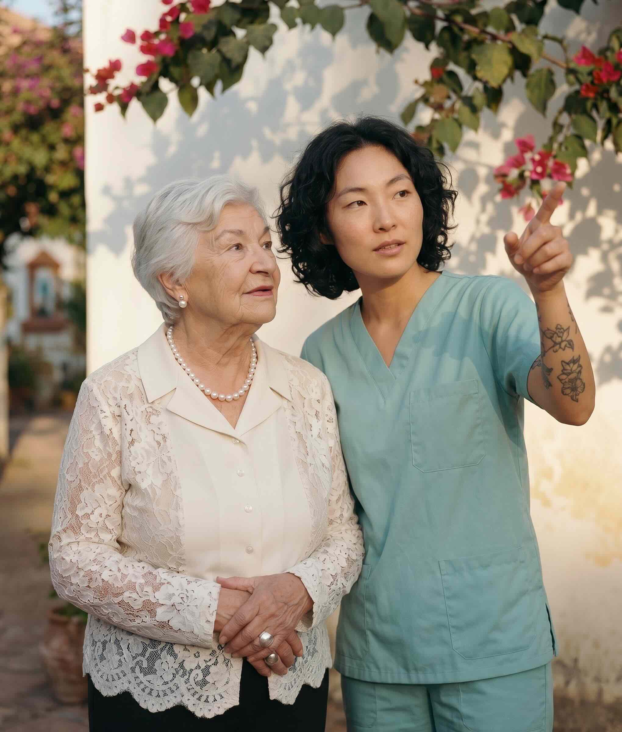 Caregiver and elderly patient sharing tea together